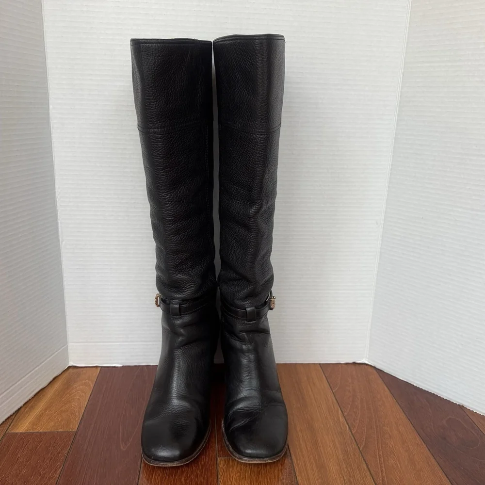 Tory Burch Jenna Leather Knee High Riding Boots Size:8 Black Square Toe